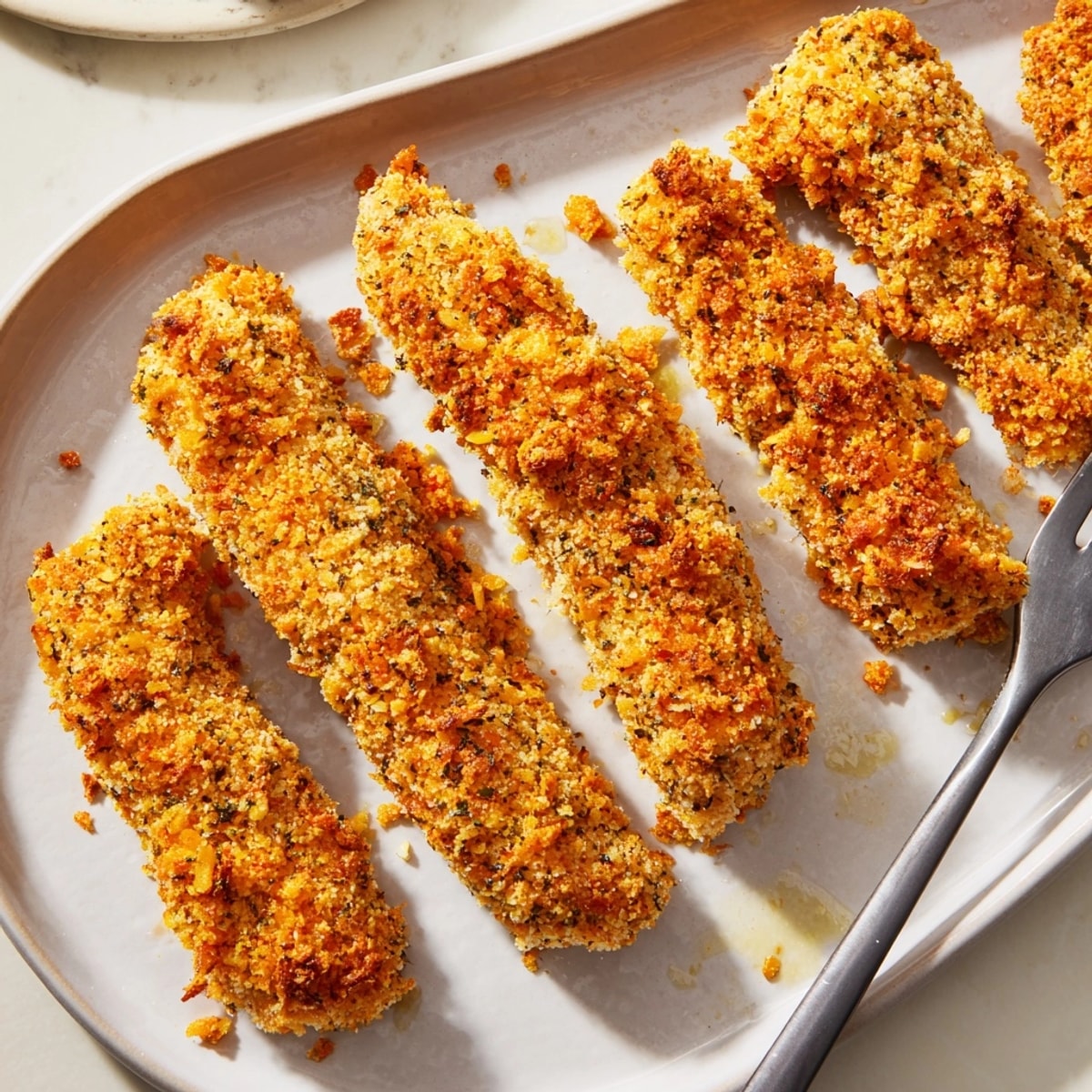Crispy Baked Chicken Tenders arranged on a tray, golden brown, ready for dipping sauces.