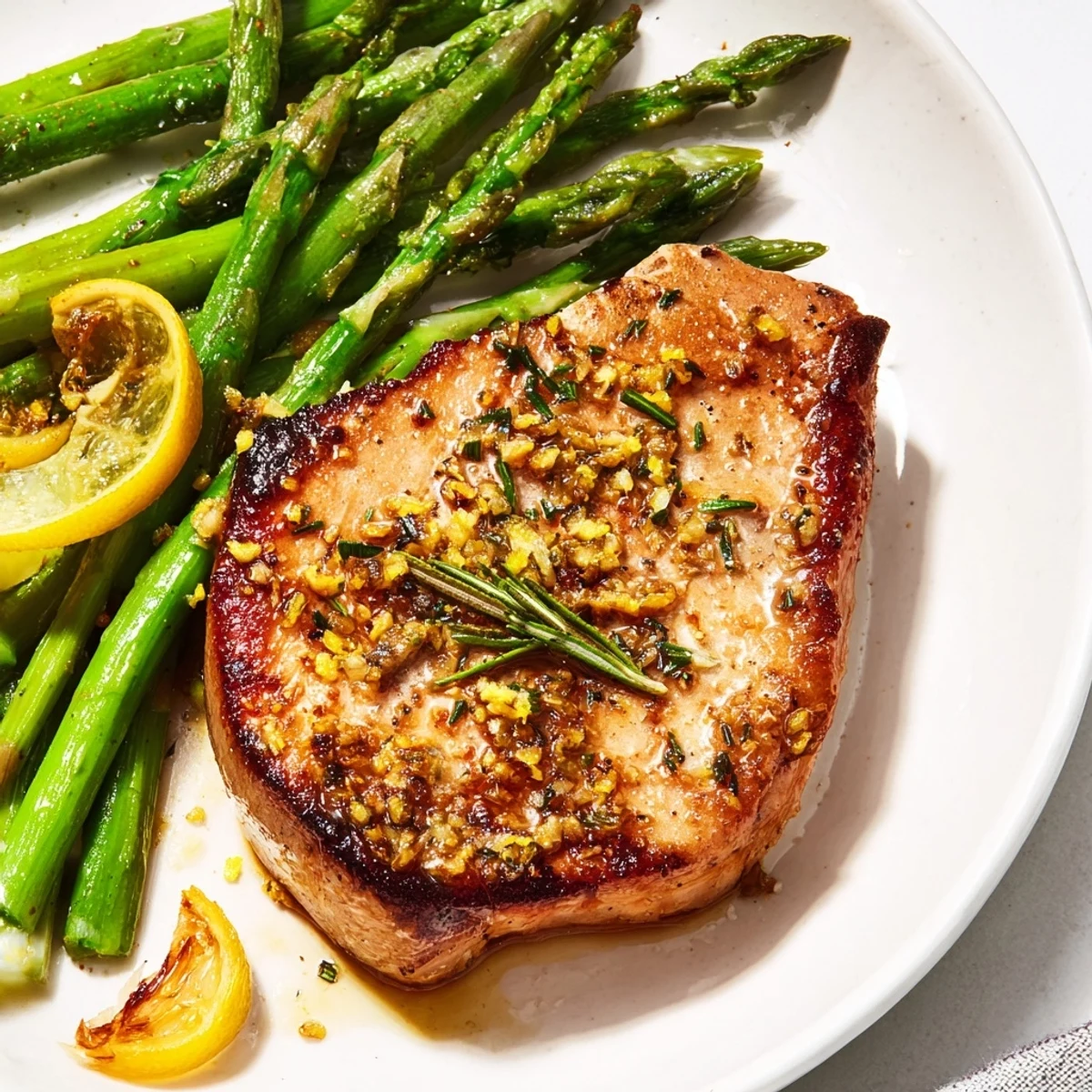 Juicy one-pan lemon herb pork chops nestled among tender asparagus, bursting with fresh herbs and lemon zest.
