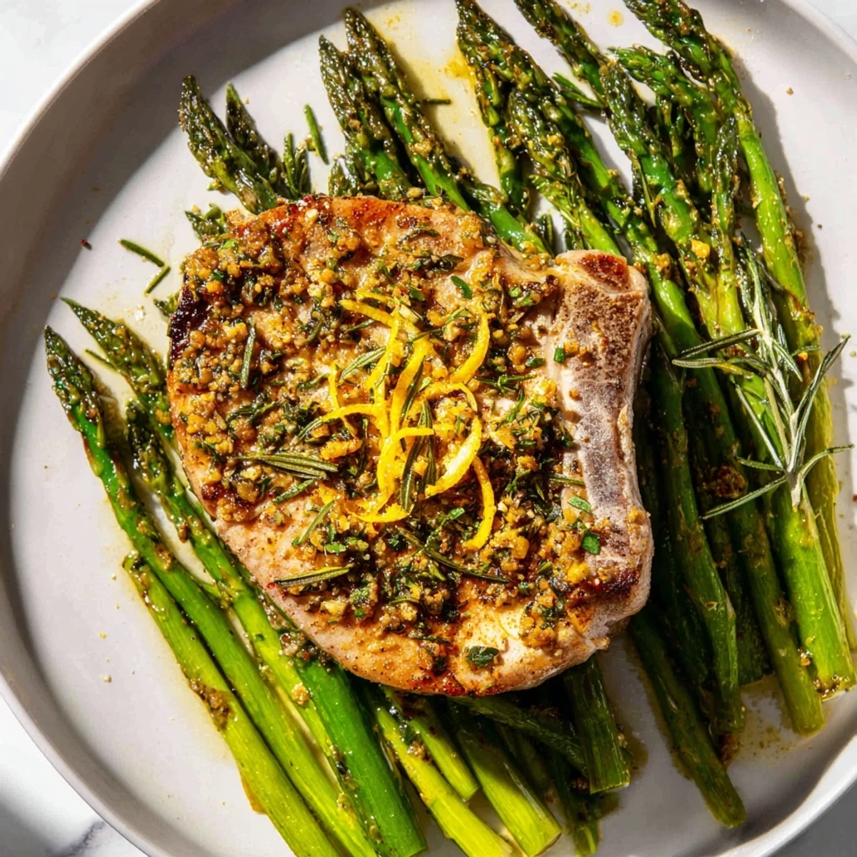 Sizzling one-pan lemon herb pork chops, cooked with vibrant asparagus and a blend of delicious herbs.