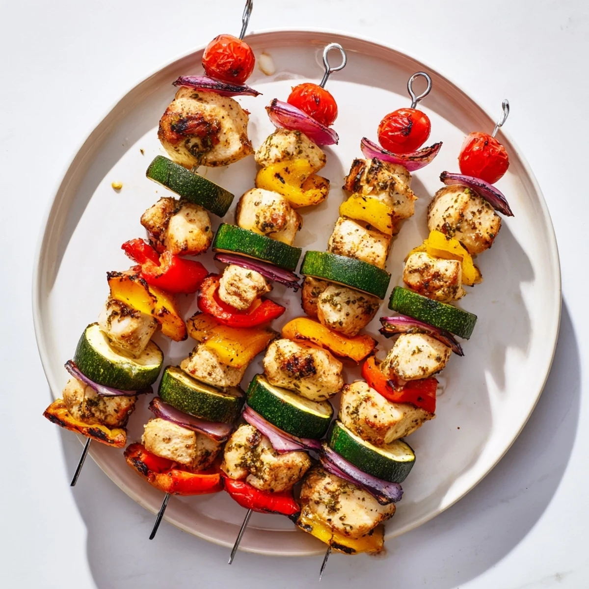 Grilled Chicken and Veggie Skewers with charred vegetables and juicy chicken, a healthy summer dinner.