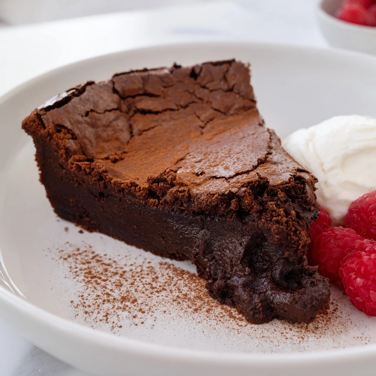 A slice of decadent flourless chocolate cake with fresh berries and a dusting of cocoa.