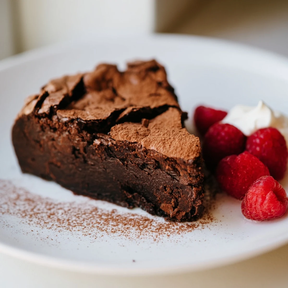 Homemade decadent flourless chocolate cake appears incredibly moist, a delightful gluten-free dessert option.