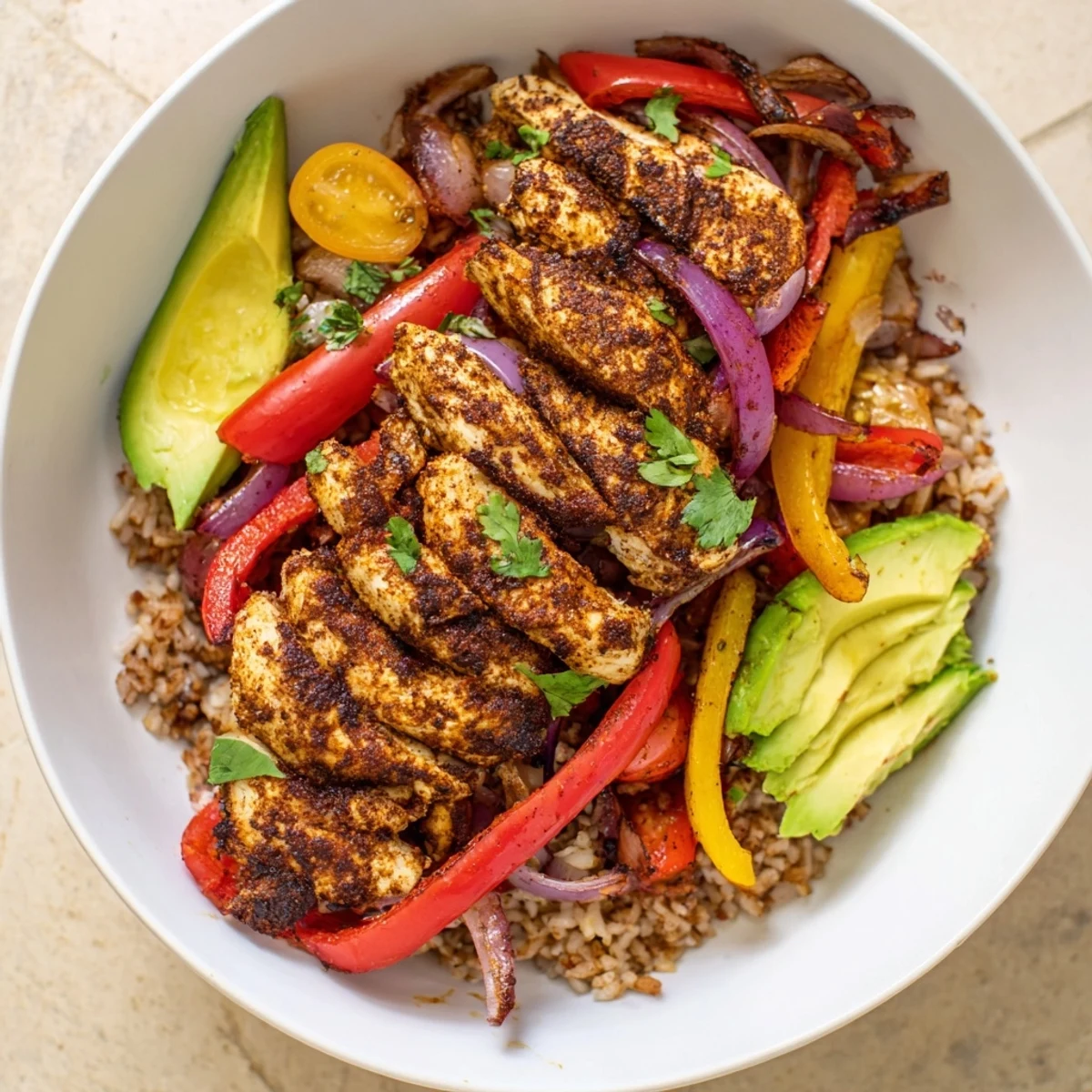 Make-Ahead Chicken Fajita Meal Prep Bowls: sizzling chicken and colorful veggies over fluffy rice.