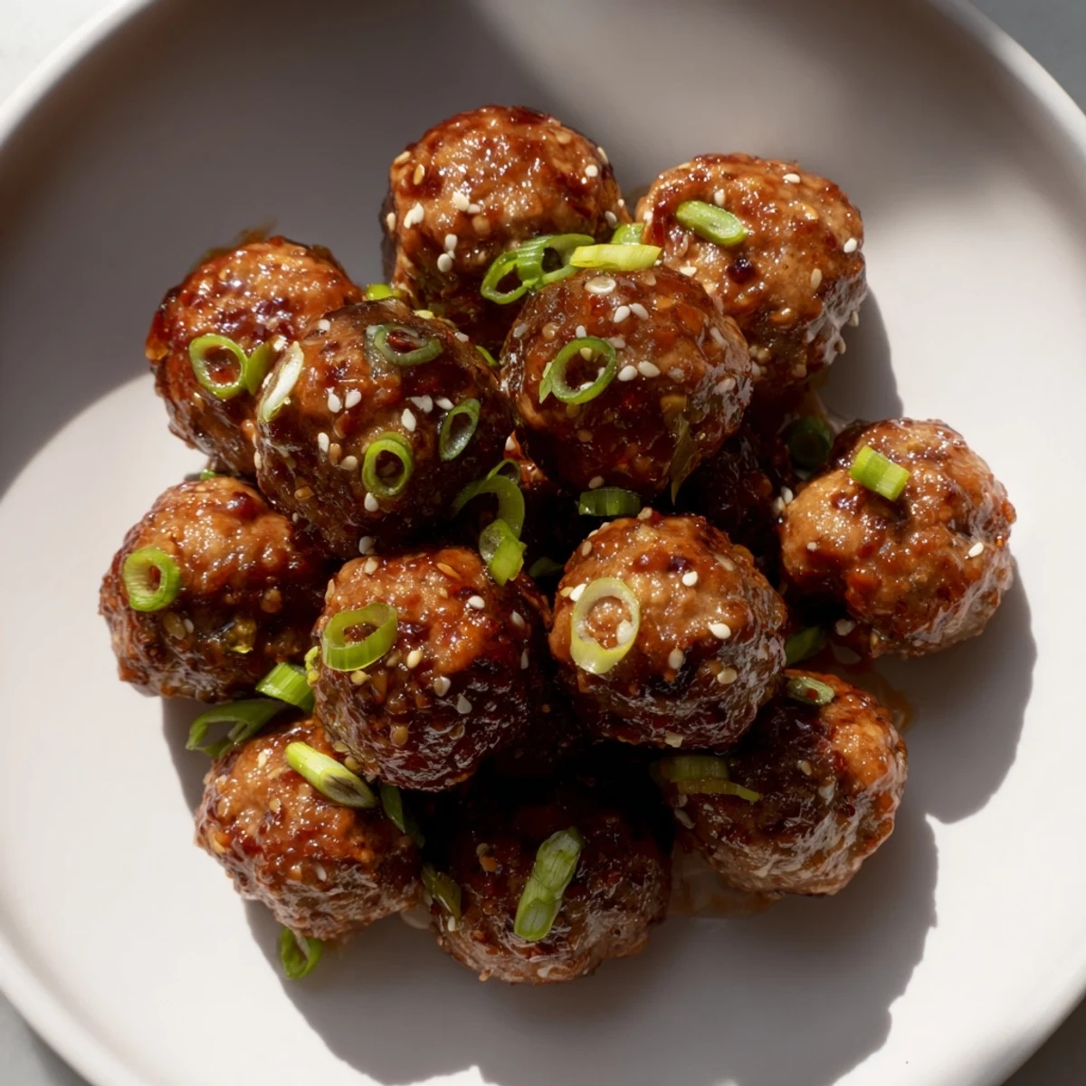 Tender, glistening Spicy Sriracha Honey Meatballs, a perfect appetizer with sesame seeds and green onions.