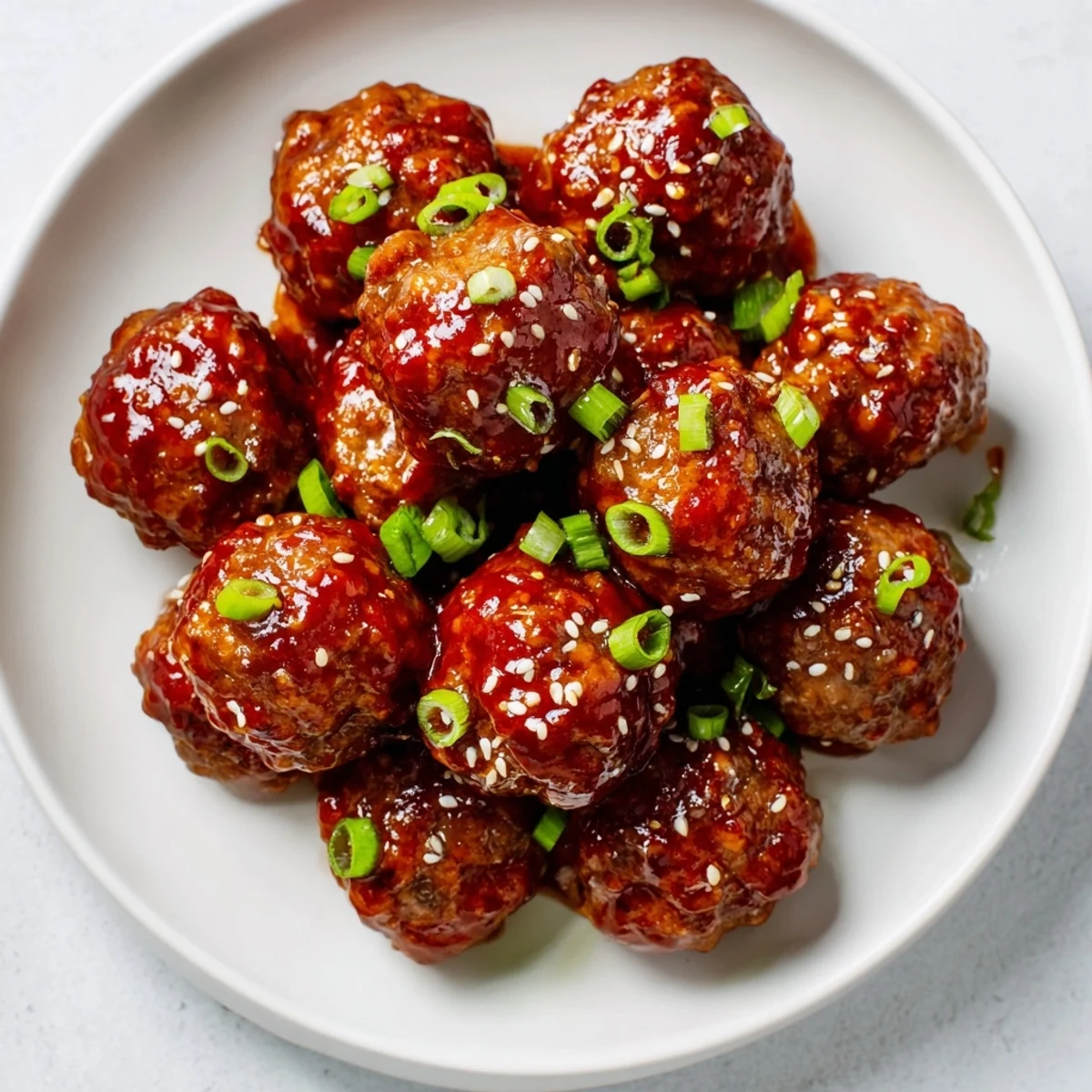 A platter of flavorful Spicy Sriracha Honey Meatballs, coated in a sweet and spicy glaze.