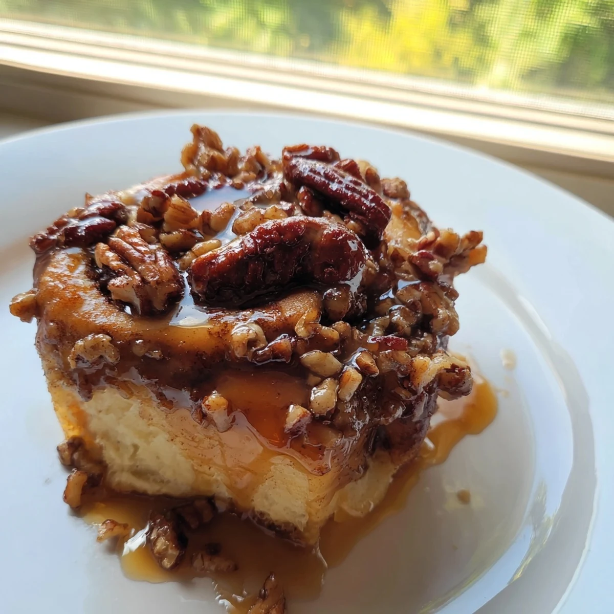 A close-up of warm, soft Pecan and Honey Sticky Buns in a sweet honey caramel sauce.