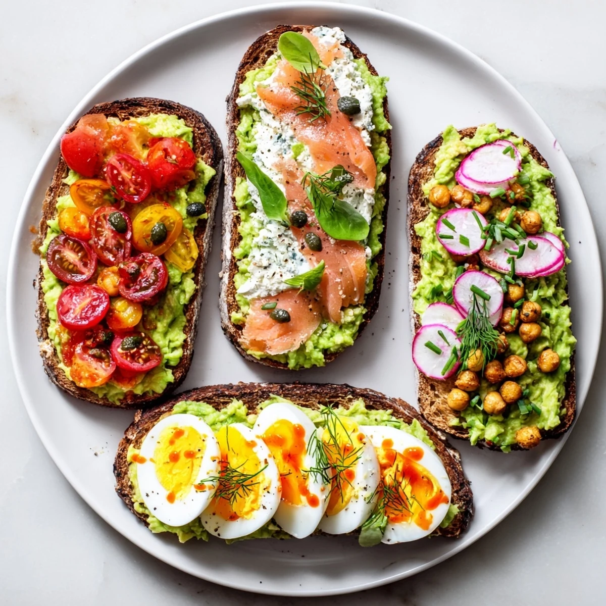Golden-brown avocado toast topped with vibrant fresh ingredients for four delicious ways to enjoy it.