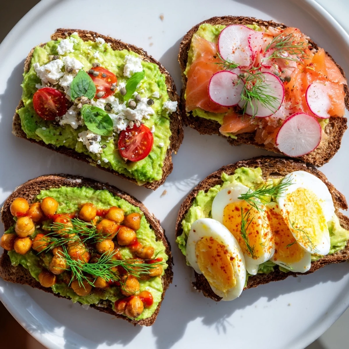 A close-up of four beautiful servings of avocado toast, each bursting with different flavorful toppings.