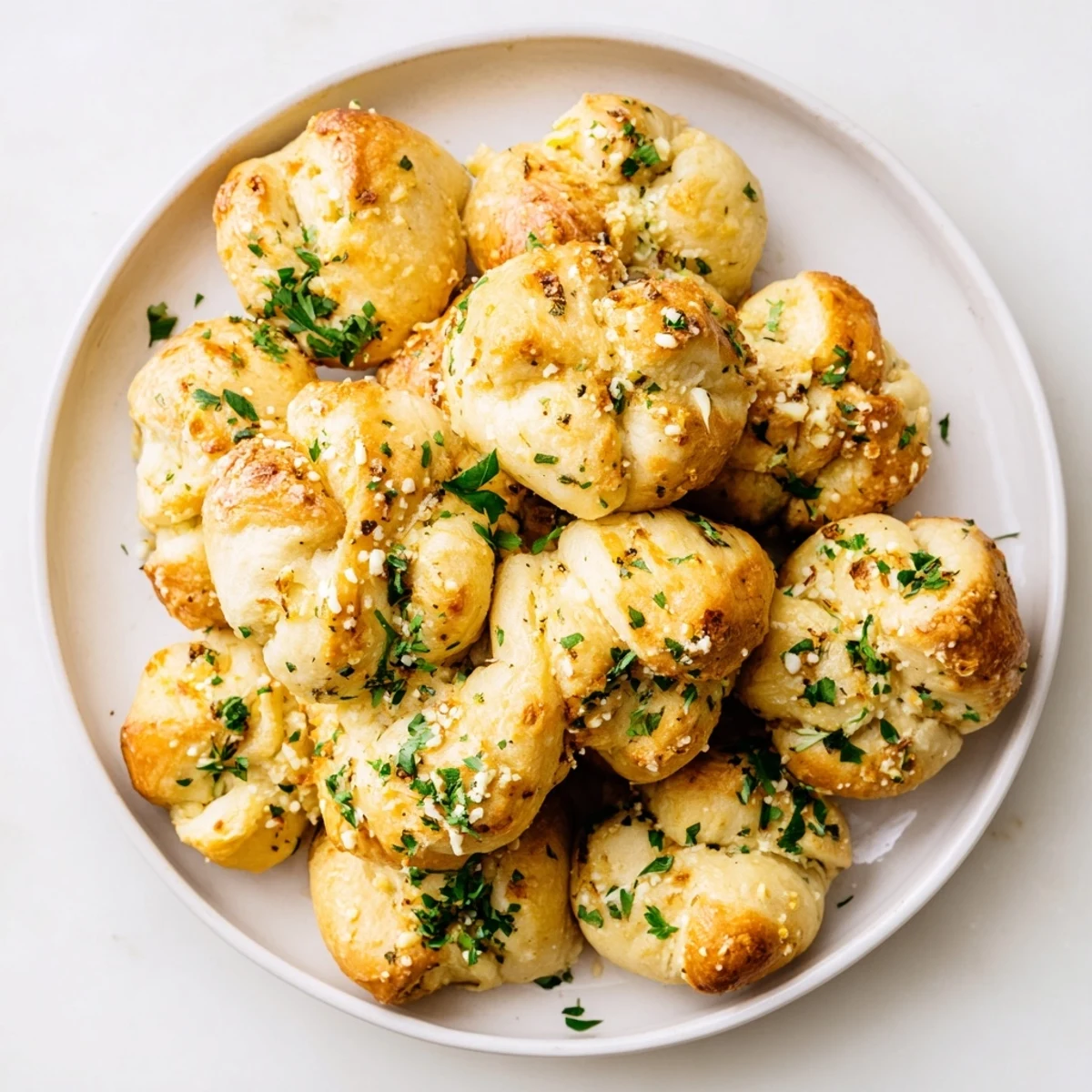 Golden Homemade Garlic Knots glistening with garlic butter, perfect for dipping in marinara.