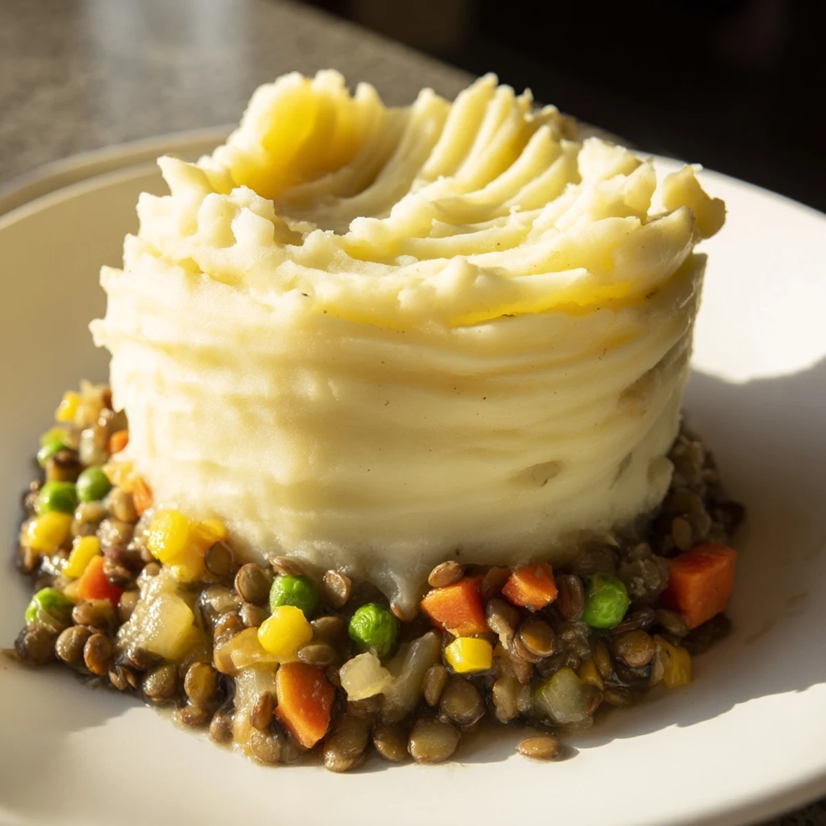 Hearty Lentil Shepherd's Pie: a warm, filling dish with fluffy mashed potato topping and savory lentils.