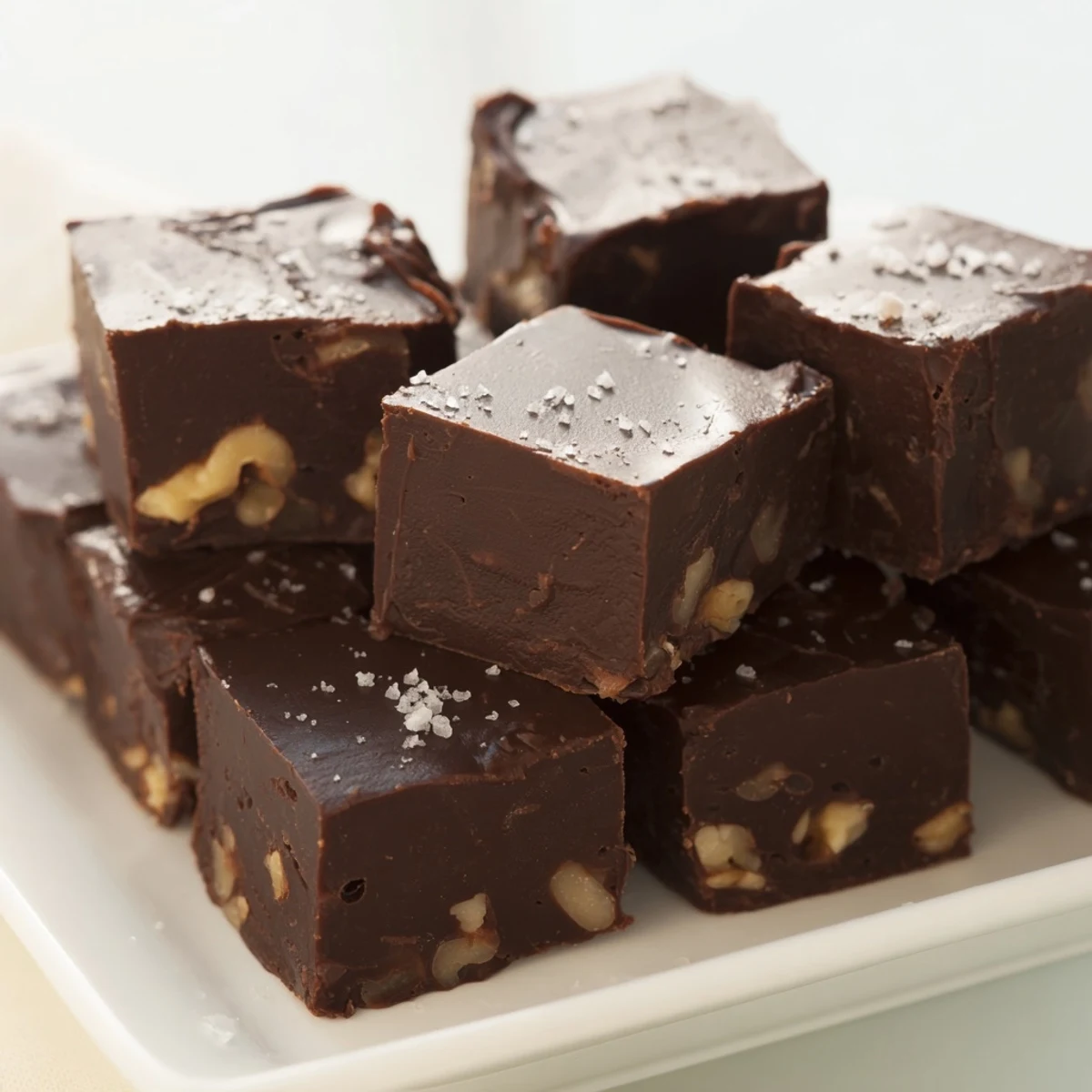A square of creamy, homemade Easy Chocolate Fudge, sprinkled with sea salt, ready to enjoy.