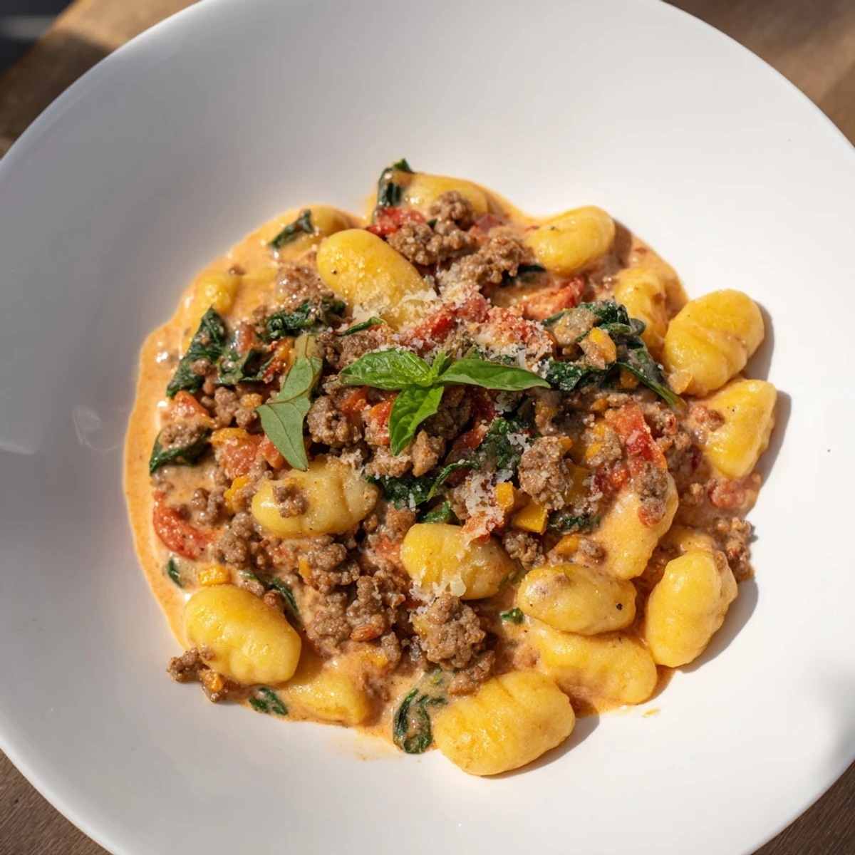 A beautiful bowl of creamy tomato and sausage gnocchi, garnished with fresh basil, ready to enjoy.