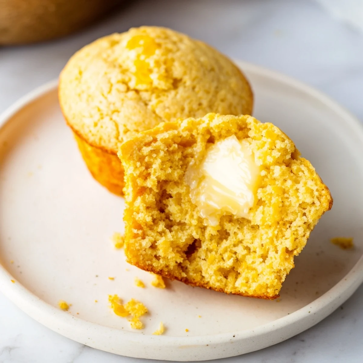 Fluffy honey butter cornbread muffins, golden brown and ready to serve with a hearty stew.