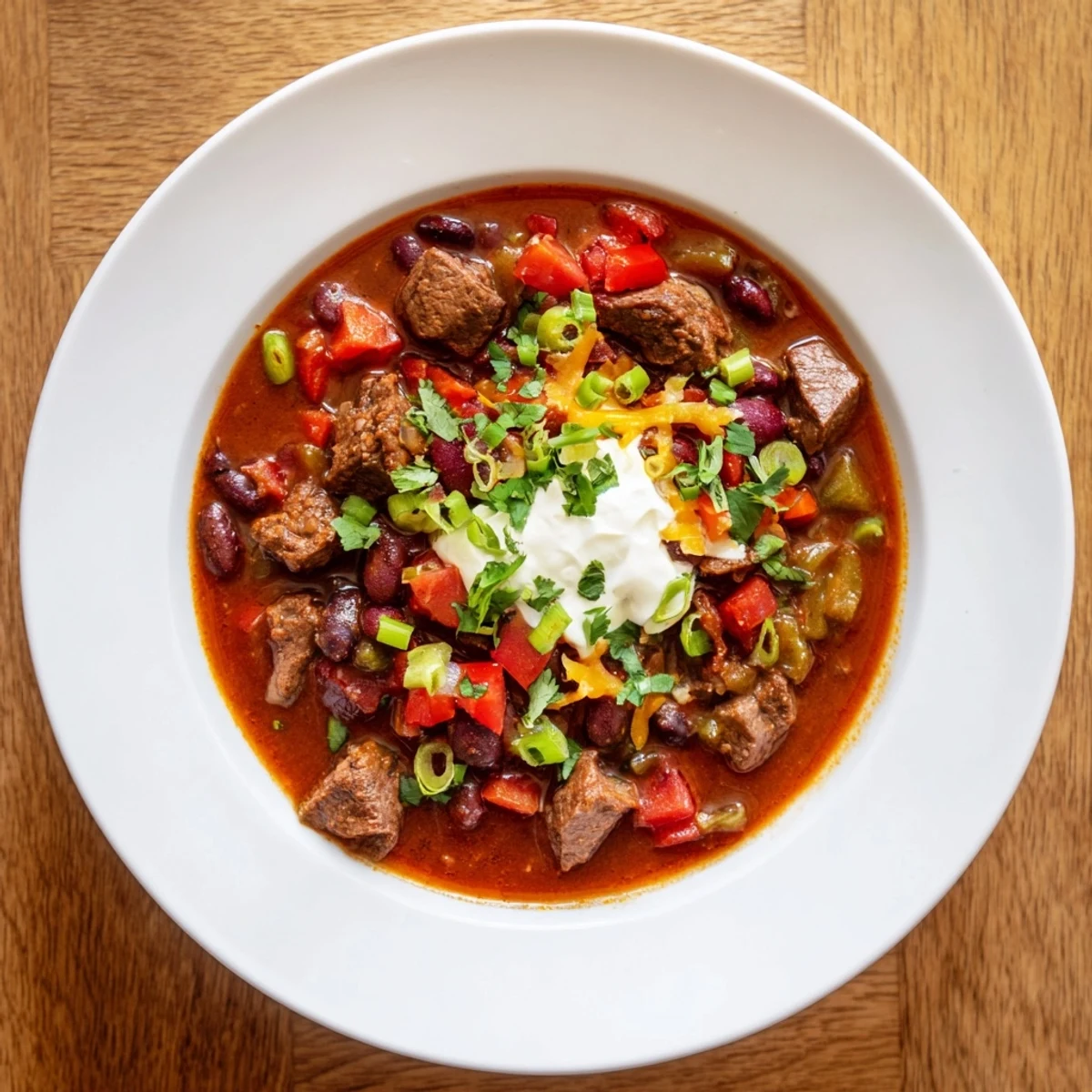 A steaming bowl of Winter Warming Chili con Carne, with rich brown stew and vibrant toppings.