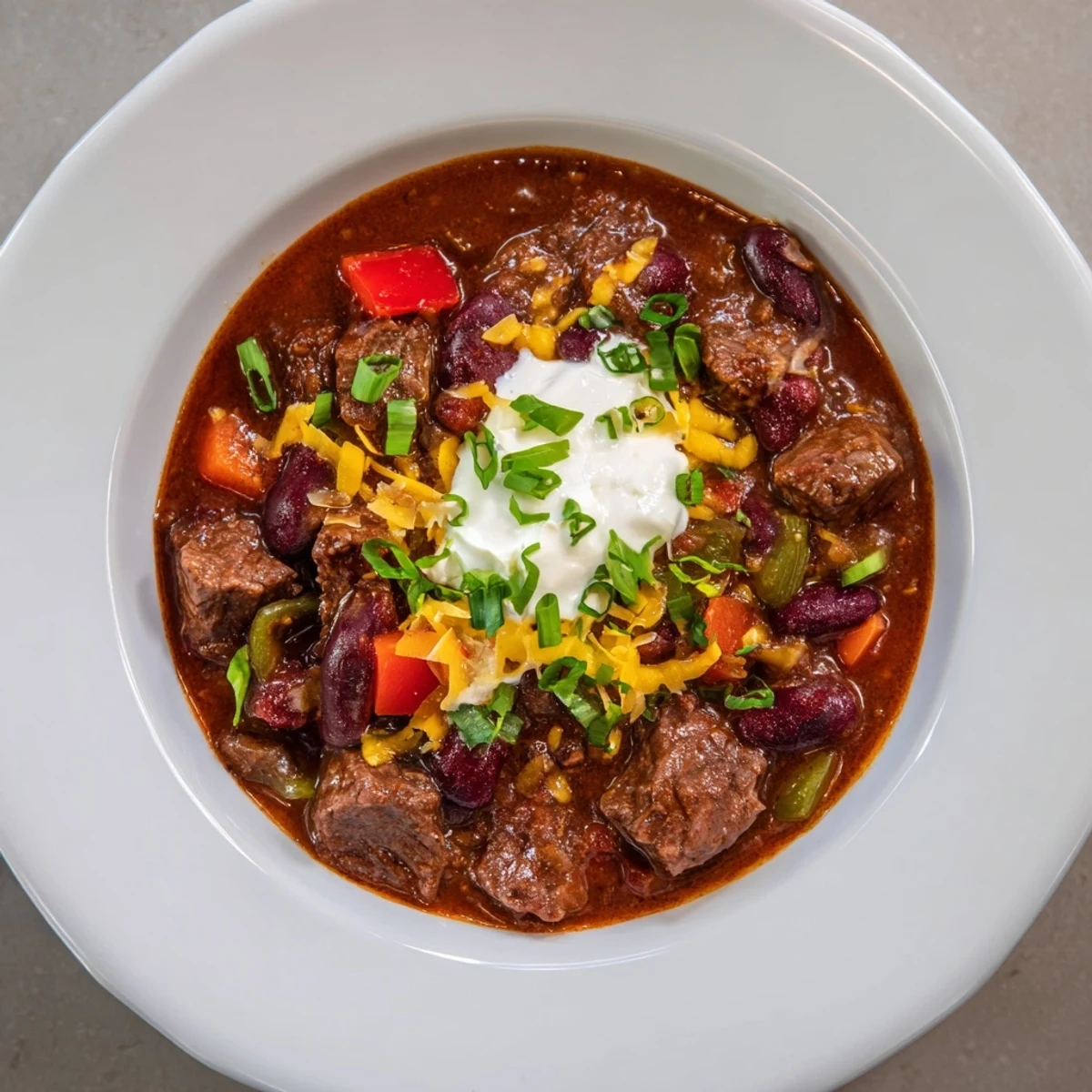Close-up of a rustic bowl of Winter Warming Chili con Carne brimming with tender beef and beans.