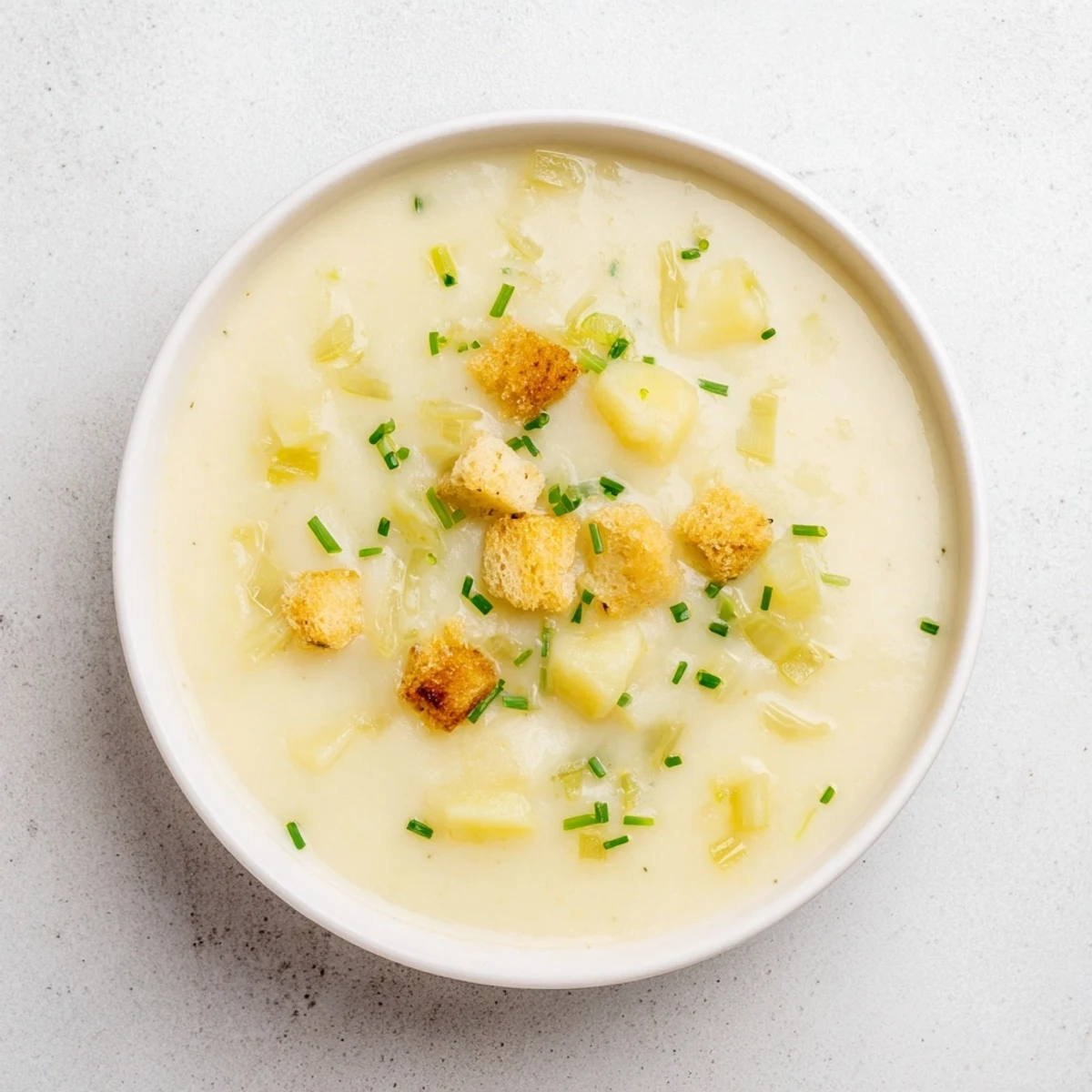 A creamy bowl of Quick & Simple Potato and Leek Soup, ready to warm you up.