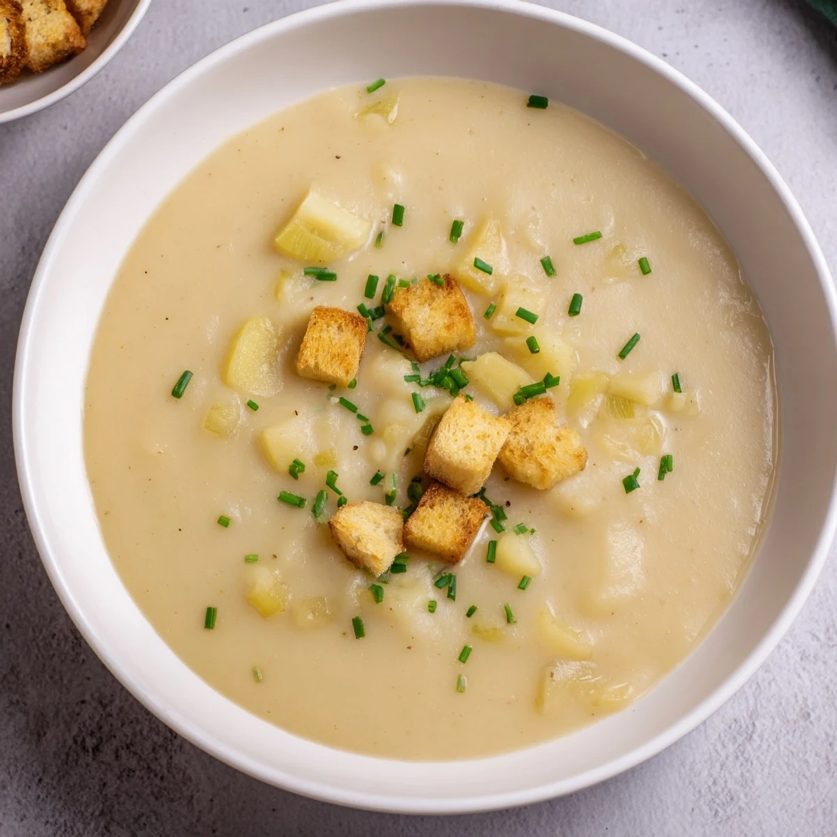 Homemade Quick & Simple Potato and Leek Soup, a comforting vegetarian soup with a velvety texture.