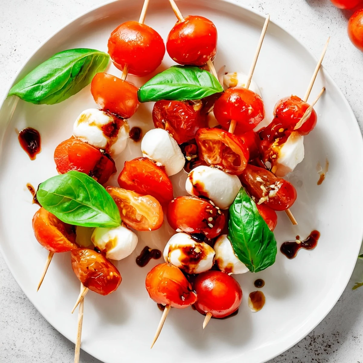 Fresh Caprese Salad Skewers glistening with balsamic glaze, a beautiful Italian appetizer.