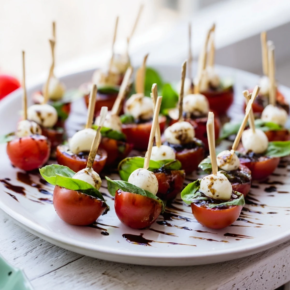 Bright red cherry tomatoes and creamy mozzarella on Fresh Caprese Salad Skewers ready to enjoy.