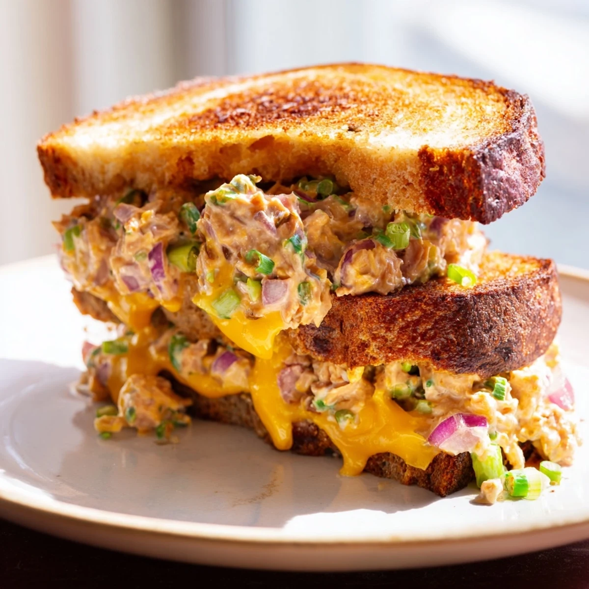 Warm, bubbly cheddar cheese oozes from a delicious Classic Tuna Melt Sandwich, ready to eat!