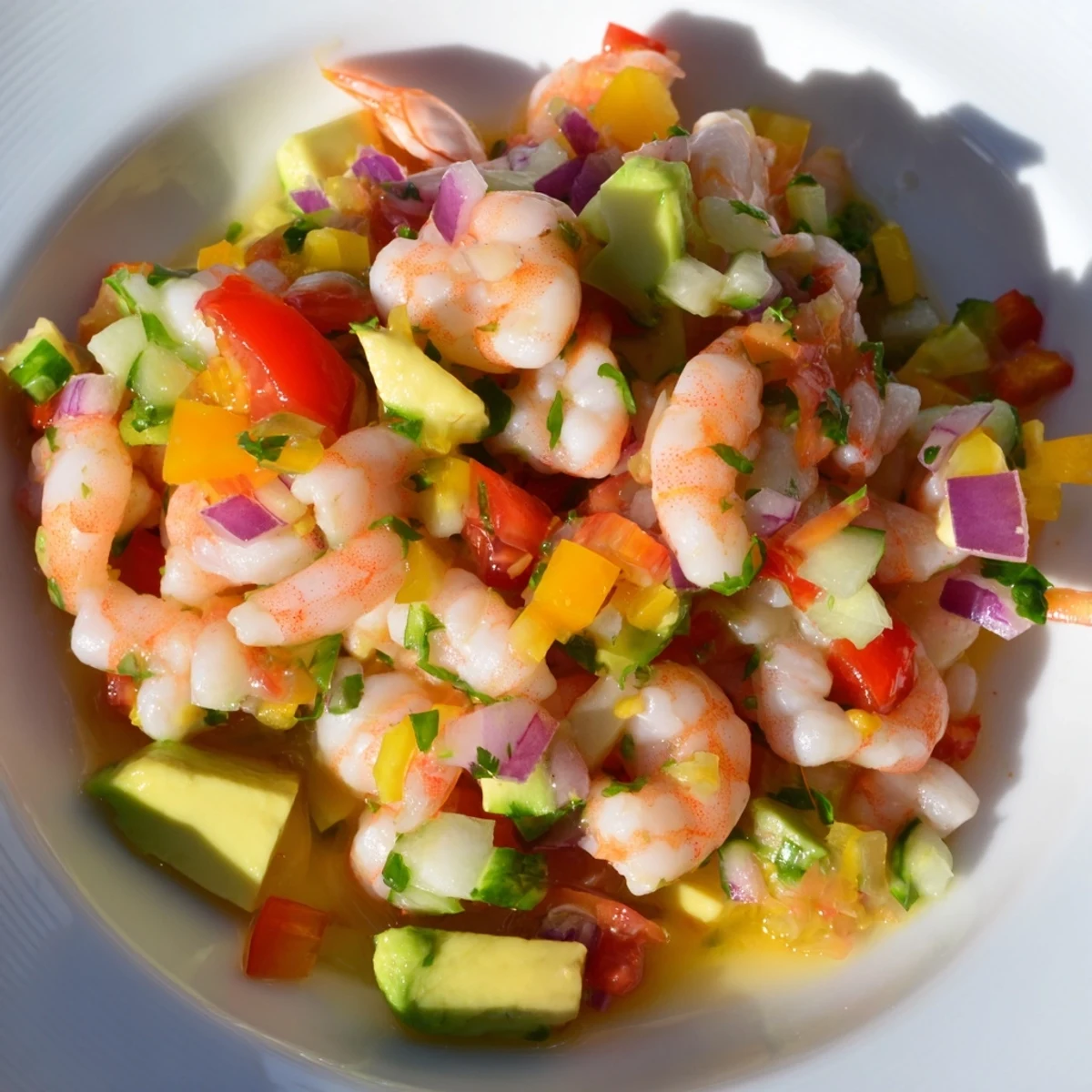 Bright and colorful Light & Fresh Shrimp Ceviche with chunks of avocado, perfect for summer.