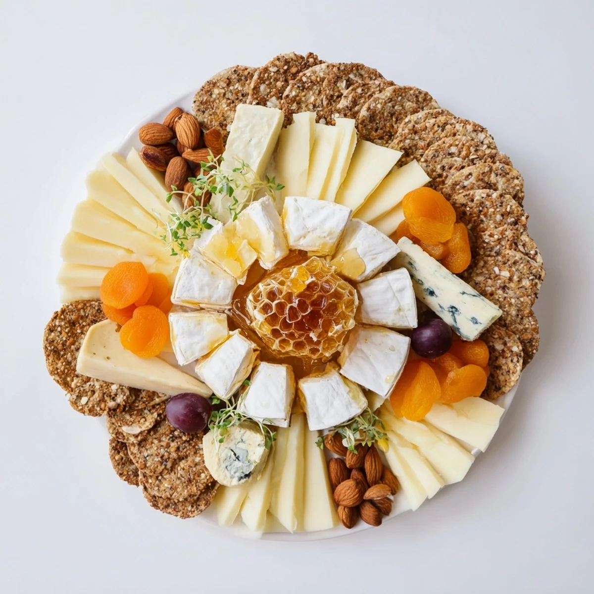Golden honey drizzled across the Gilded Hive, an elegant cheese and cracker appetizer for guests.
