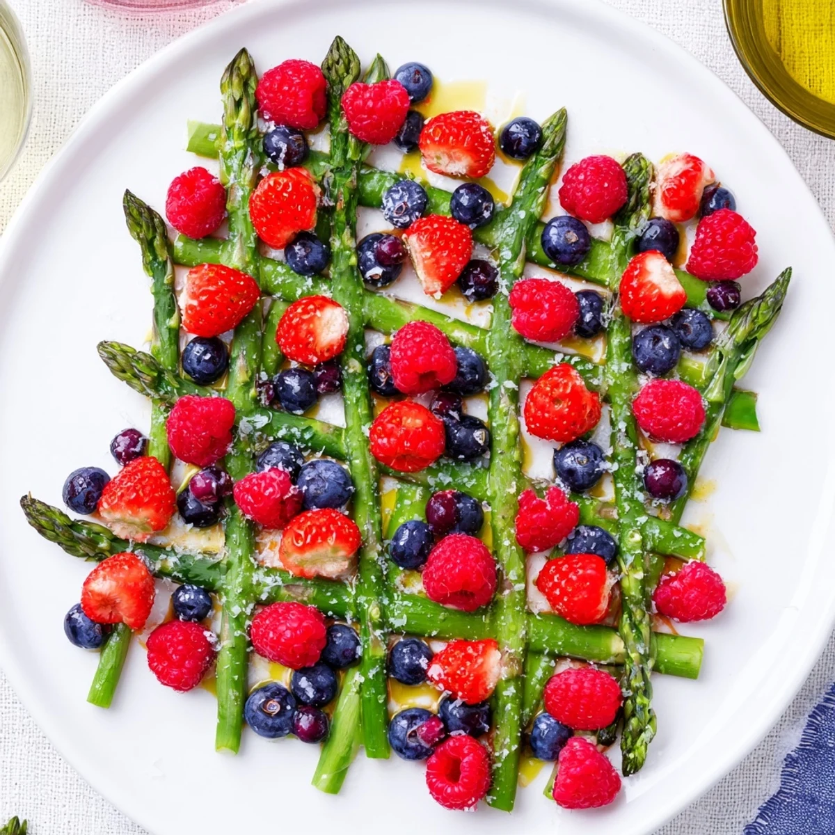 A Botanical Lattice appetizer, vibrant with fresh asparagus, berries, and woven chives, is ready to serve.