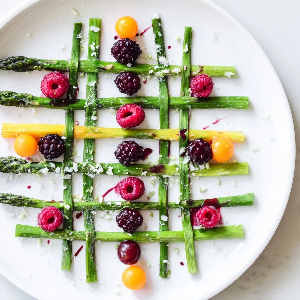 See a close-up of the beautiful Botanical Lattice, a spring appetizer with colorful fruit bursting between asparagus.