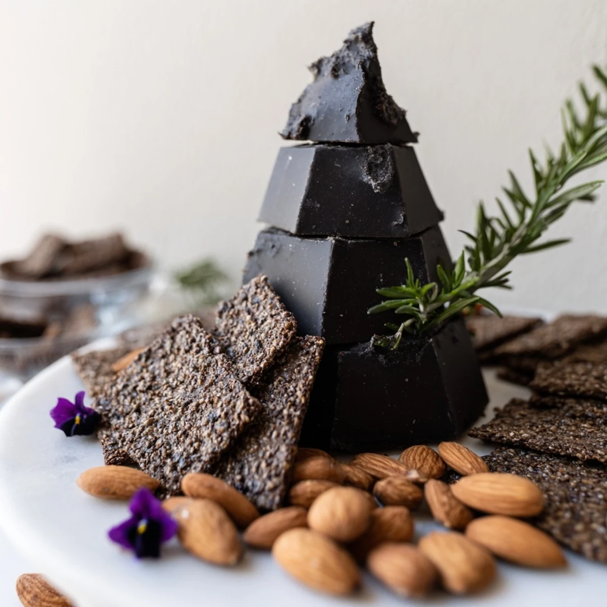 A towering Obsidian Peak cheese platter with black cheddar and dark, crunchy rye crackers.