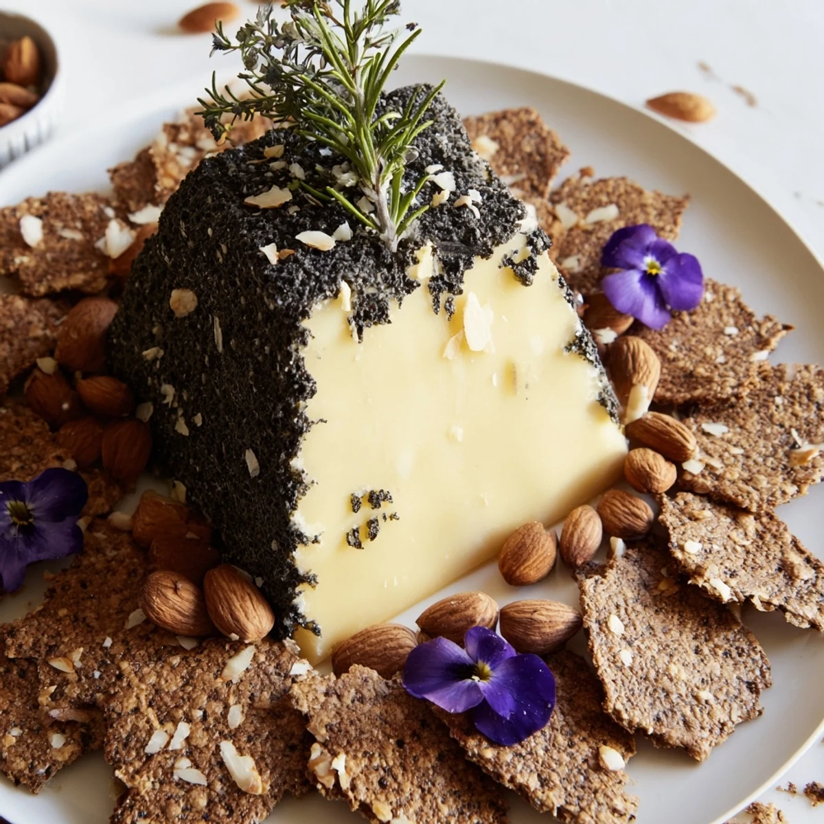 Serve this elegant Obsidian Peak platter; it’s a stunning vegetarian appetizer with charcoal-dusted almonds.