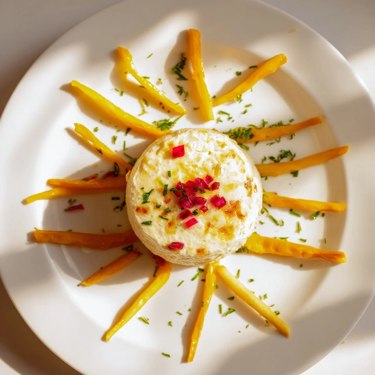 Bright Tuscan Sunburst appetizer: Yellow bell pepper rays surround creamy lemon goat cheese, ready to be enjoyed.