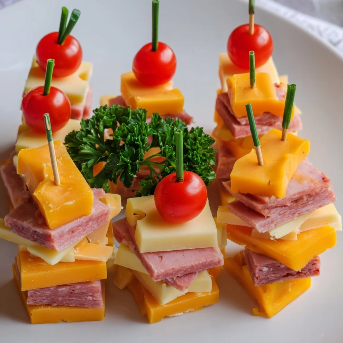 A delicious Checkerboard Chalet appetizer featuring cheese and meats, ready to serve with parsley garnish.
