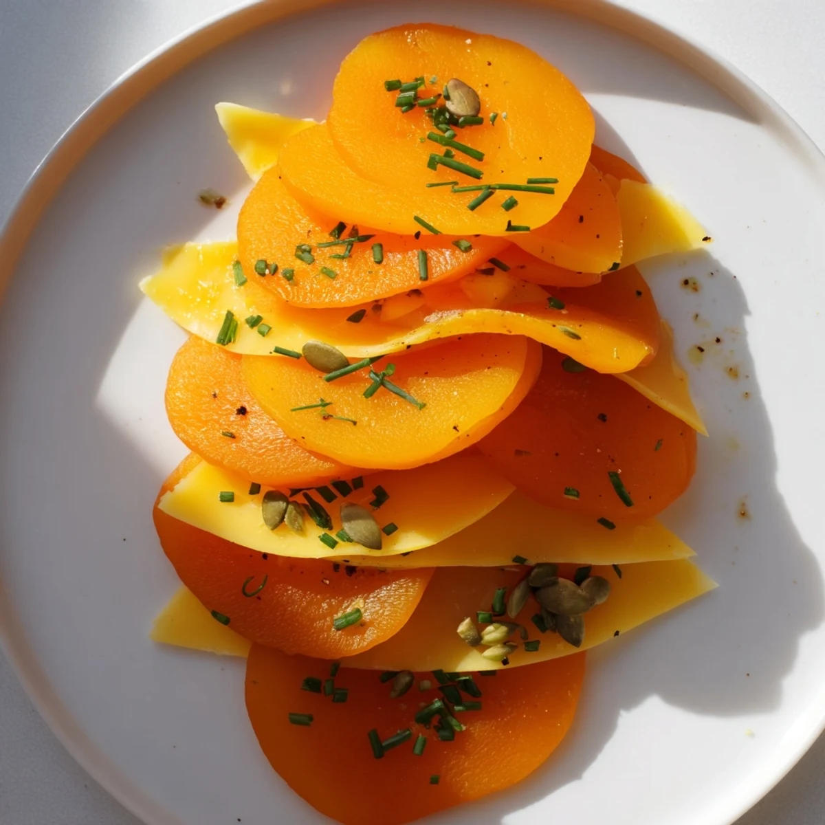 Vibrant Serengeti Sunset appetizers with layers of orange apricots and smoked Gouda, ready to serve.