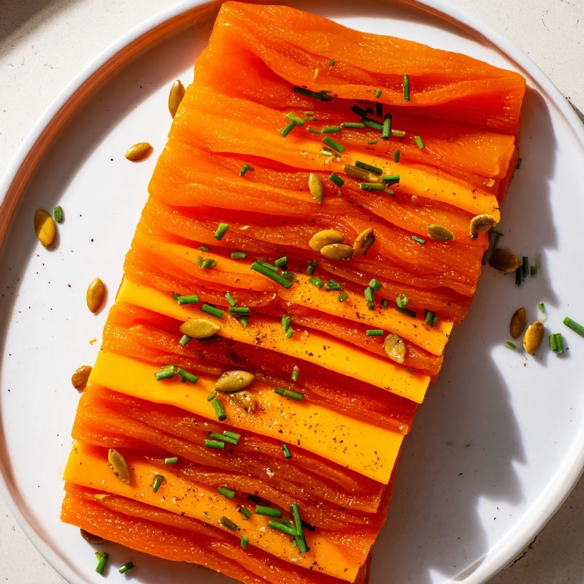 Imagine the amazing Serengeti Sunset: an appetizer of layered apricots and smoked Gouda with garnishes.