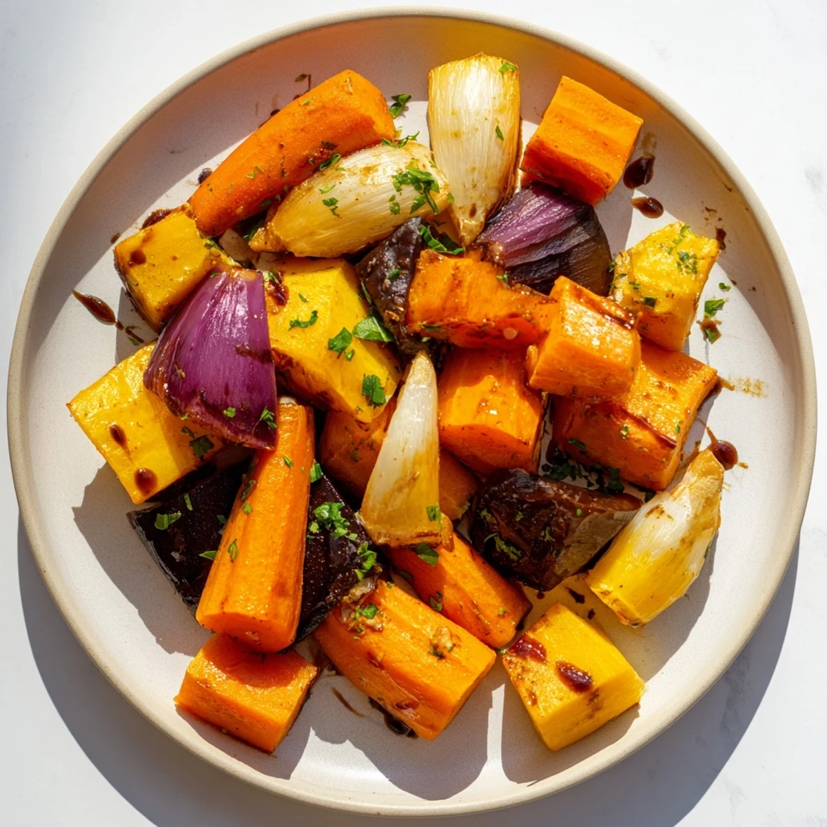 Golden roasted root vegetable medley drizzled with balsamic glaze, offering a complex, sweet-savory flavor.