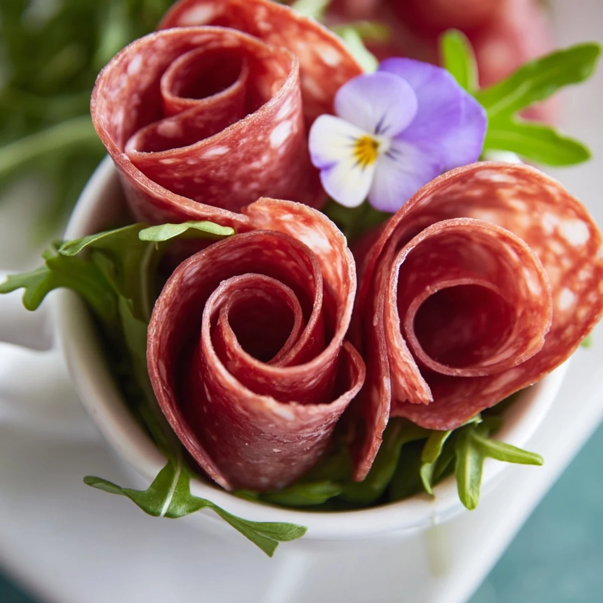 Elegant Victorian Tea Rose: savory salami and pepperoni roses elegantly arranged, perfect for a delightful appetizer board.