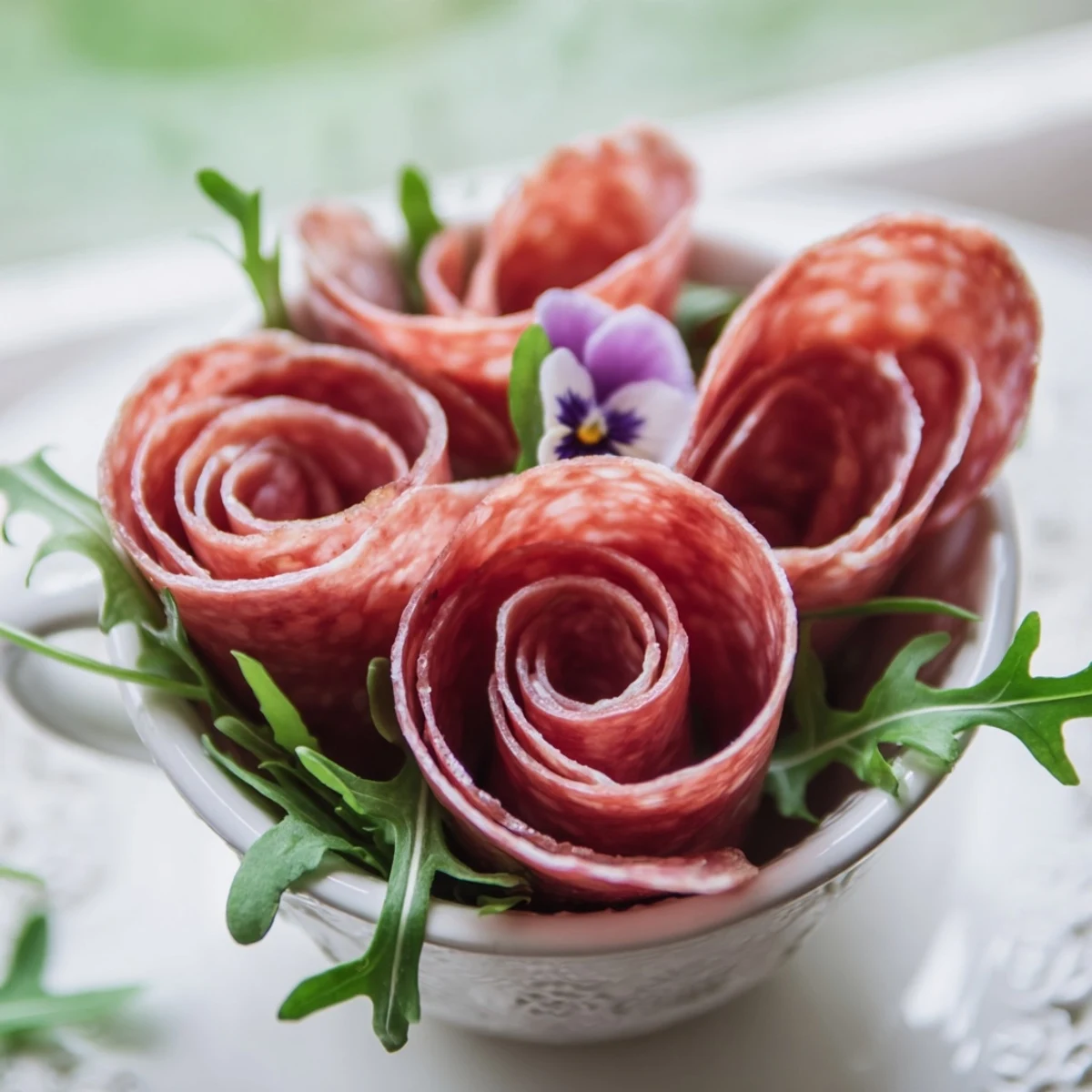 Visually stunning Victorian Tea Rose appetizer: salami and pepperoni roses displayed in charming porcelain teacups beautifully.