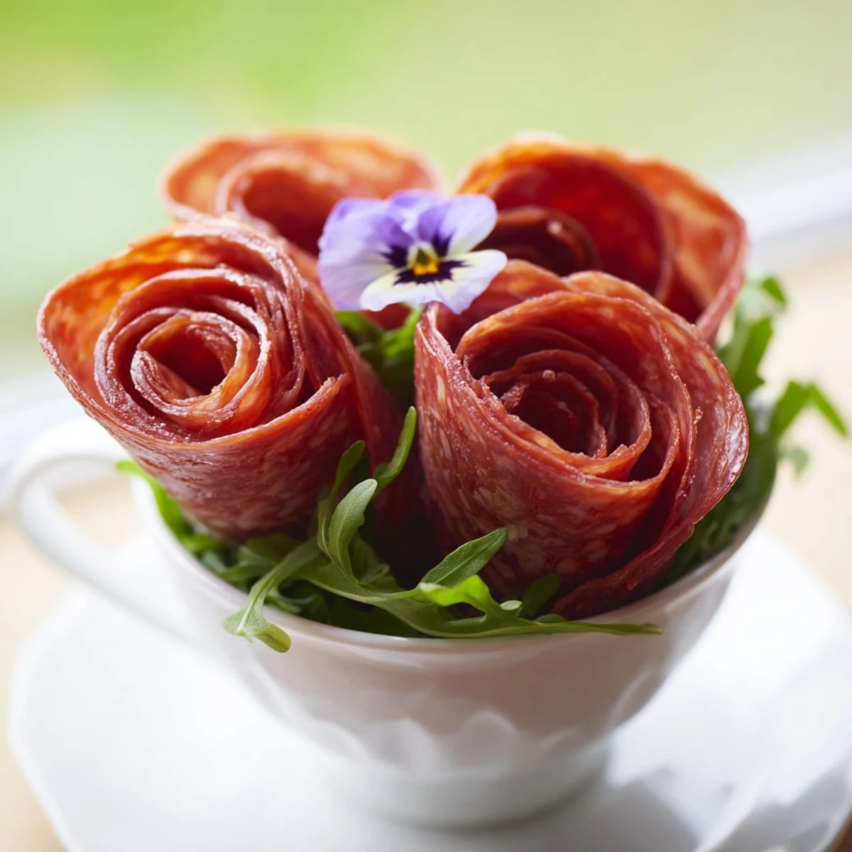 Appetizing close-up: delicate salami and pepperoni combine to form the exquisite Victorian Tea Rose, ready to serve.