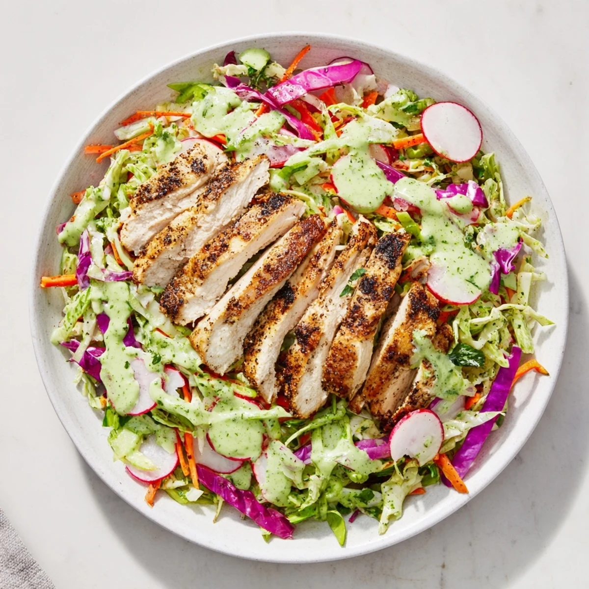 Creamy Green Goddess Cabbage Slaw with grilled chicken, with visible grilled chicken slices and fresh herbs.