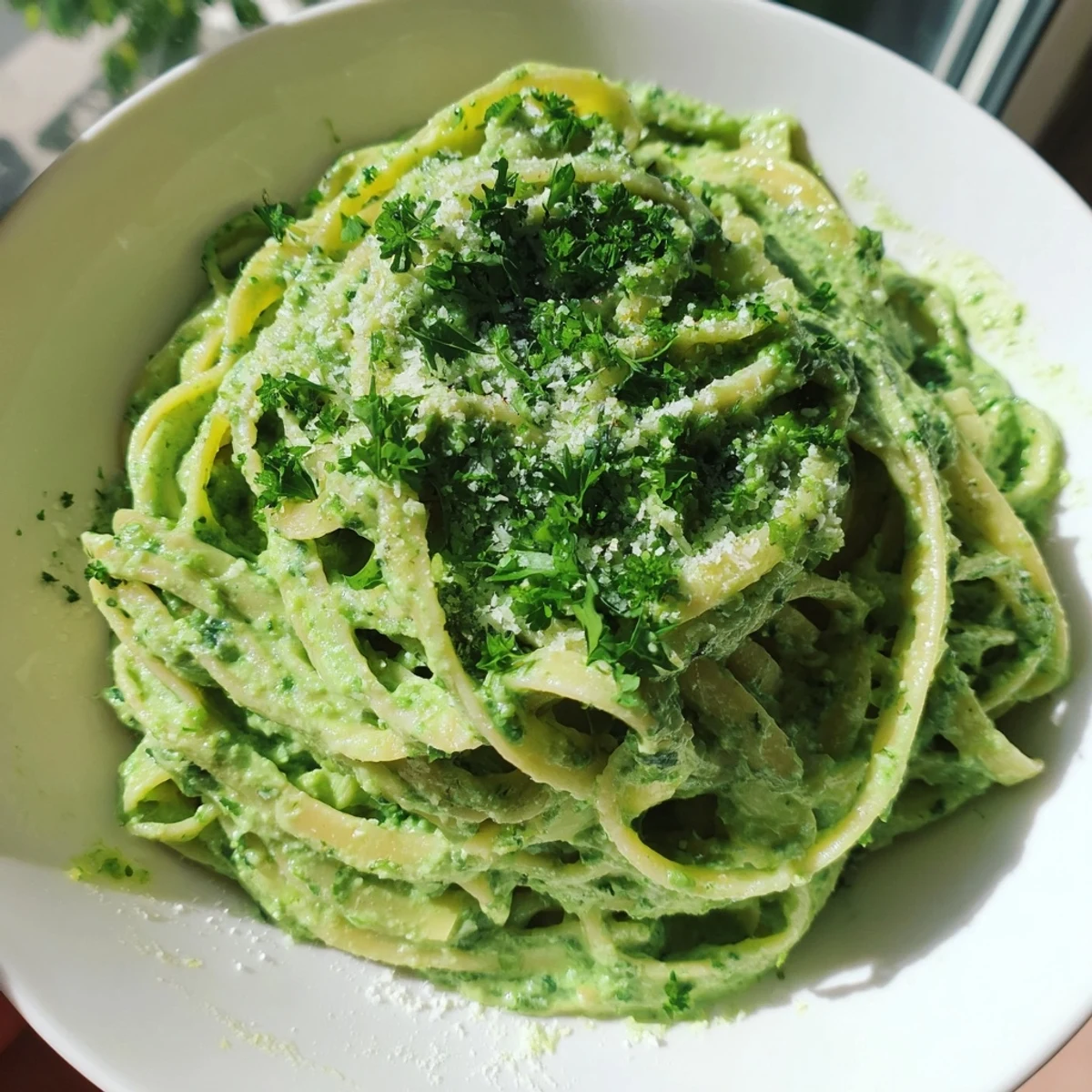 Creamy green goddess pasta, bursting with fresh herbs, is a delicious vegetarian meal.