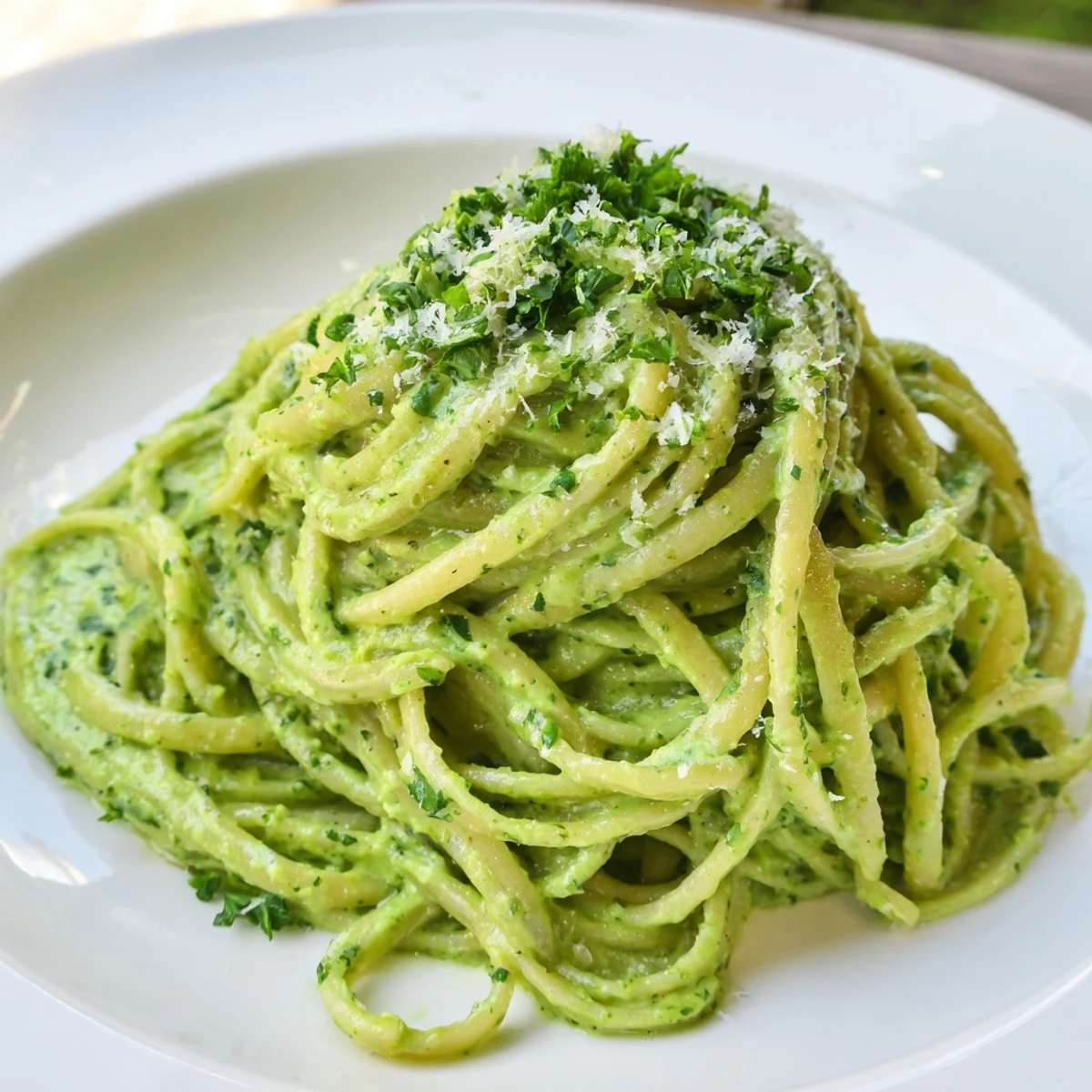 This homemade green goddess pasta sauce, bright and flavorful, coats the pasta beautifully.