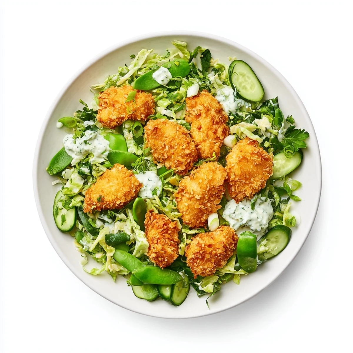 Crispy chicken nugget pieces atop a vibrant Green Goddess Nugget Salad with fresh, cool vegetables.