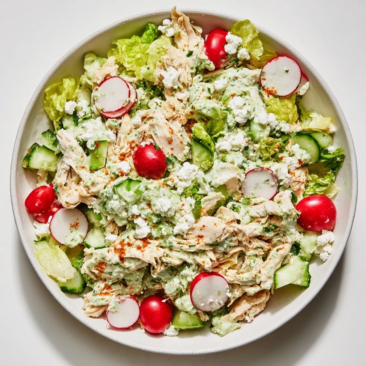 Creamy Green Goddess Chicken Nacho Dip with warm shredded chicken, fresh herbs, and crispy tortilla chips.