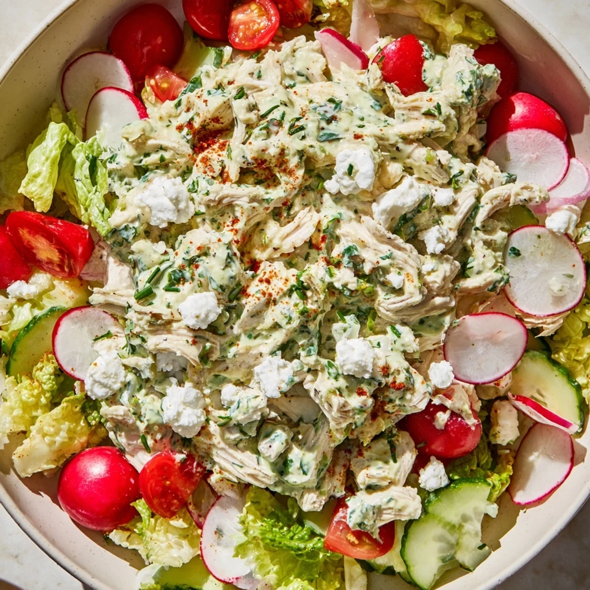 A colorful bowl of Green Goddess Chicken Nacho Dip, topped with tomatoes, served ready to scoop up.