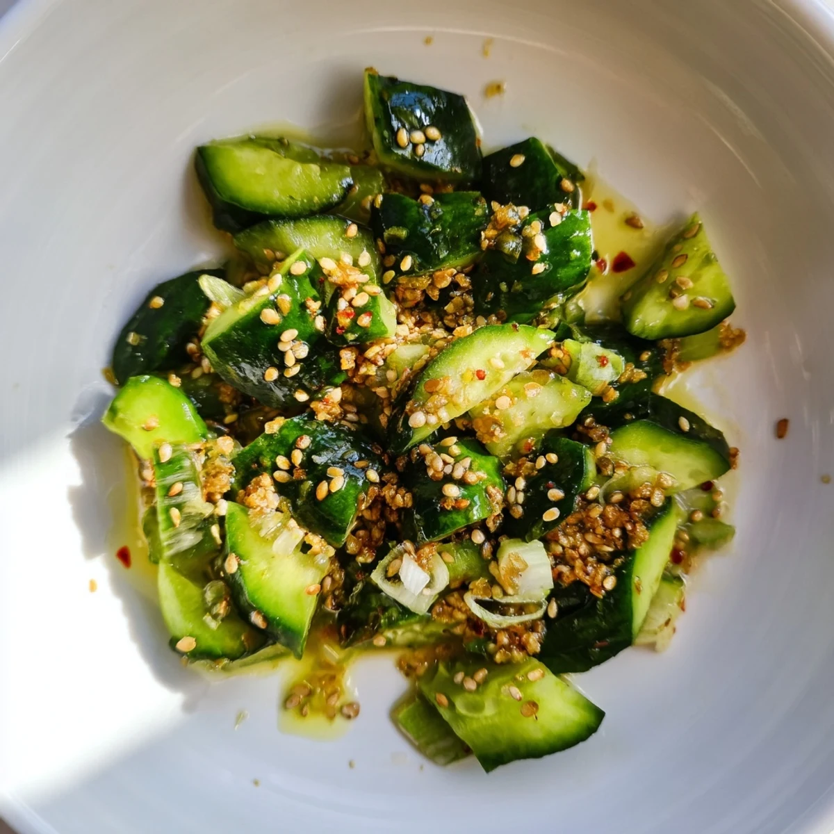 Refreshing Cucumber Shaker salad with bright green cucumbers and a savory, umami flavor.