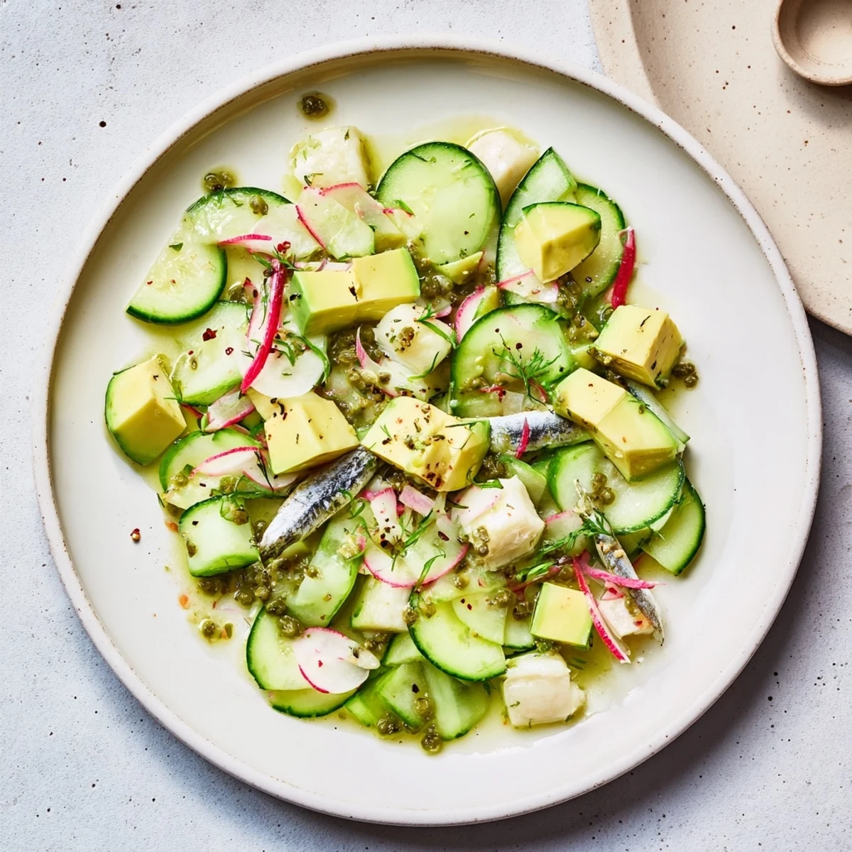 Refreshing Cucumber and Tinned Fish Salad with creamy avocado and tangy dressing, ready for date night.