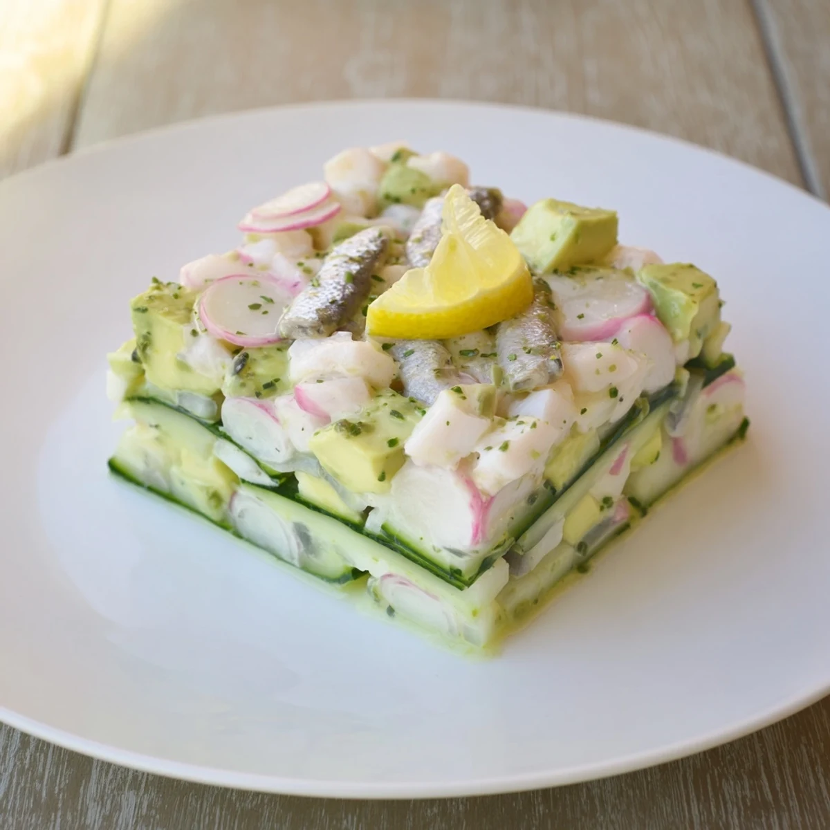 Elegant plate of Cucumber and Tinned Fish Salad, garnished with fresh pepper and lemon wedges.