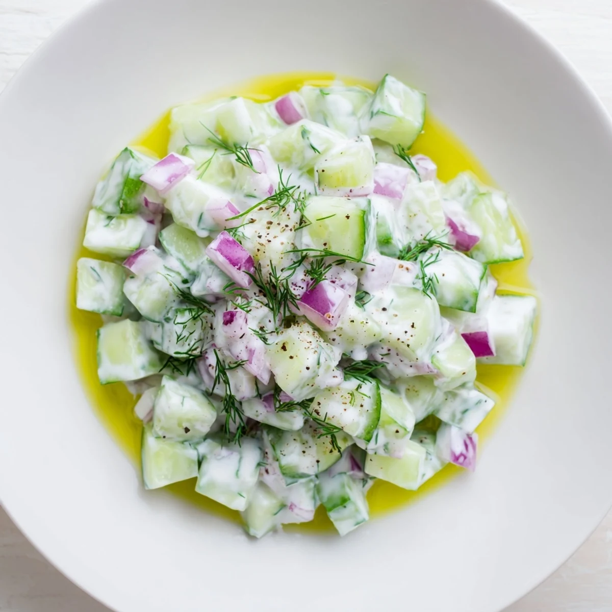 Close-up of creamy Cucumber and Greek Yogurt Tzatziki Salad, a refreshing Greek side dish.