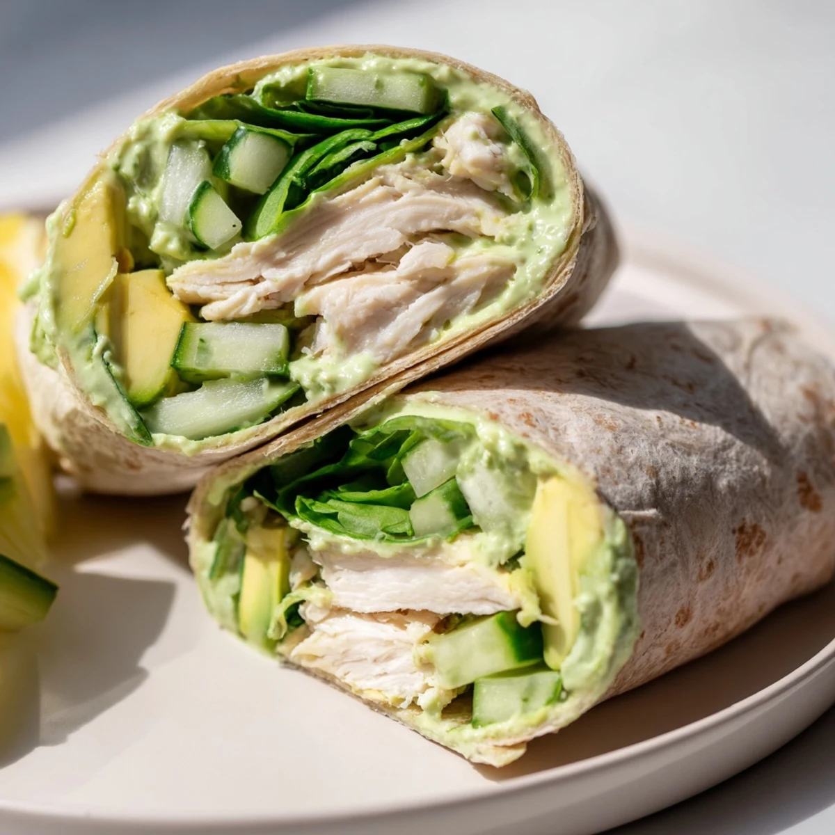 Perfectly assembled Green Goddess Wellness Wrap, ready to eat, with a creamy green sauce dripping.