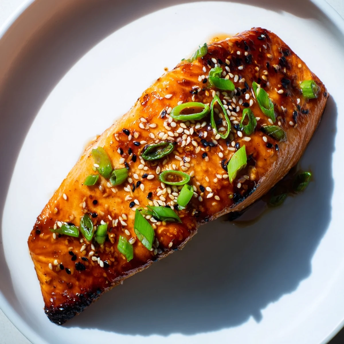 Golden ginger soy glazed salmon, glistening with a rich glaze, perfect for a quick dinner.